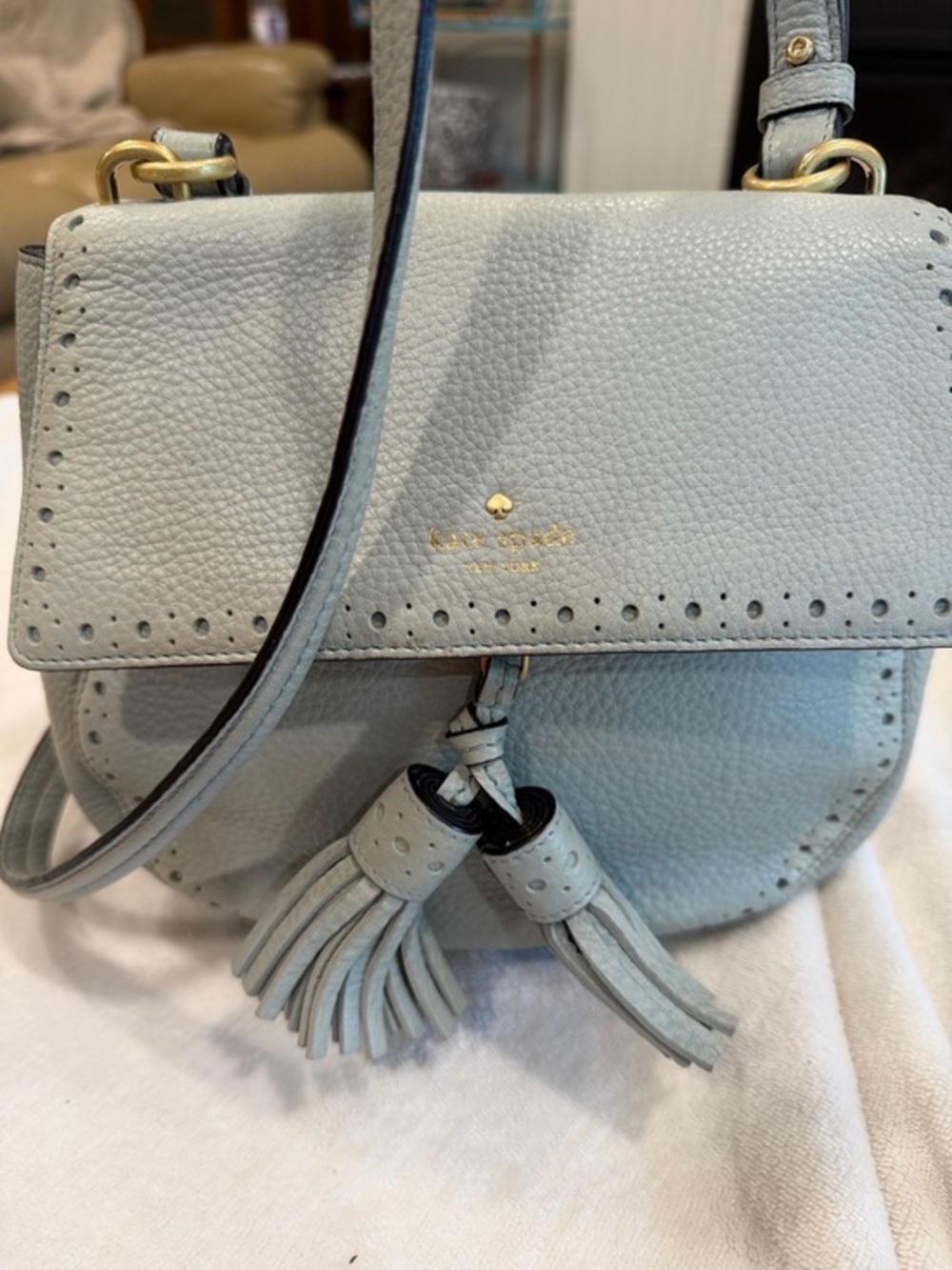 kate spade pebbled leather tassel crossbody in pale blue